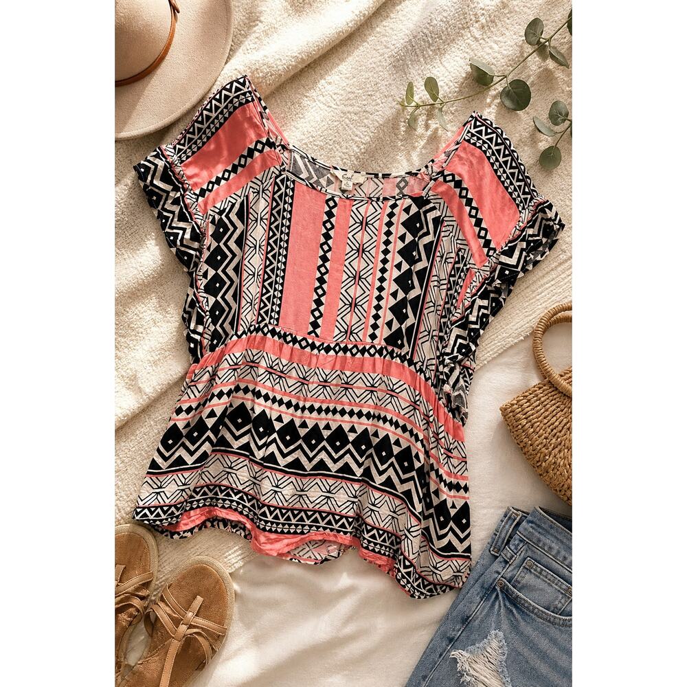 Easel Los Angeles Boho Tribal Print Top Pink Black Flowy Size L